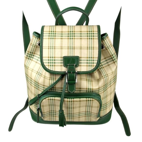 Bean Pole Handbags - Bean Pole PLAID BEIGE GREEN GENUINE LEATHER FLAP SHOULDER BAG BACKPACK HANDBAG